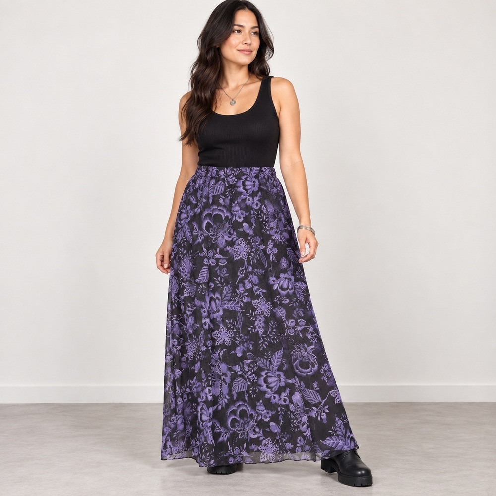 Women 3XL Purple Floral Sheer Mesh Maxi Skirt Boho Goth Whimsigoth Festival Plus